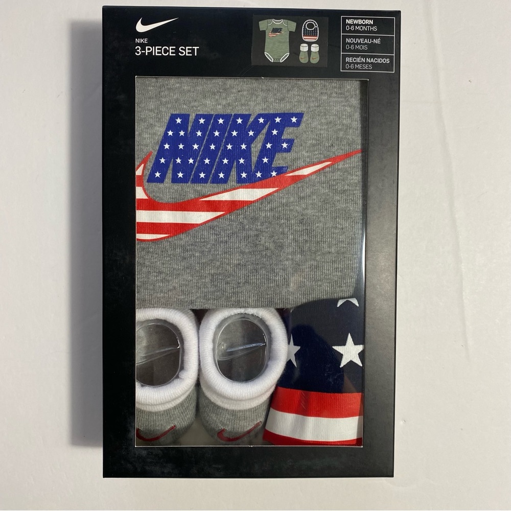 Nike Baby Americana 3-Piece Set Bodysuit Bib Booties 0-6M Memorial 4th of July